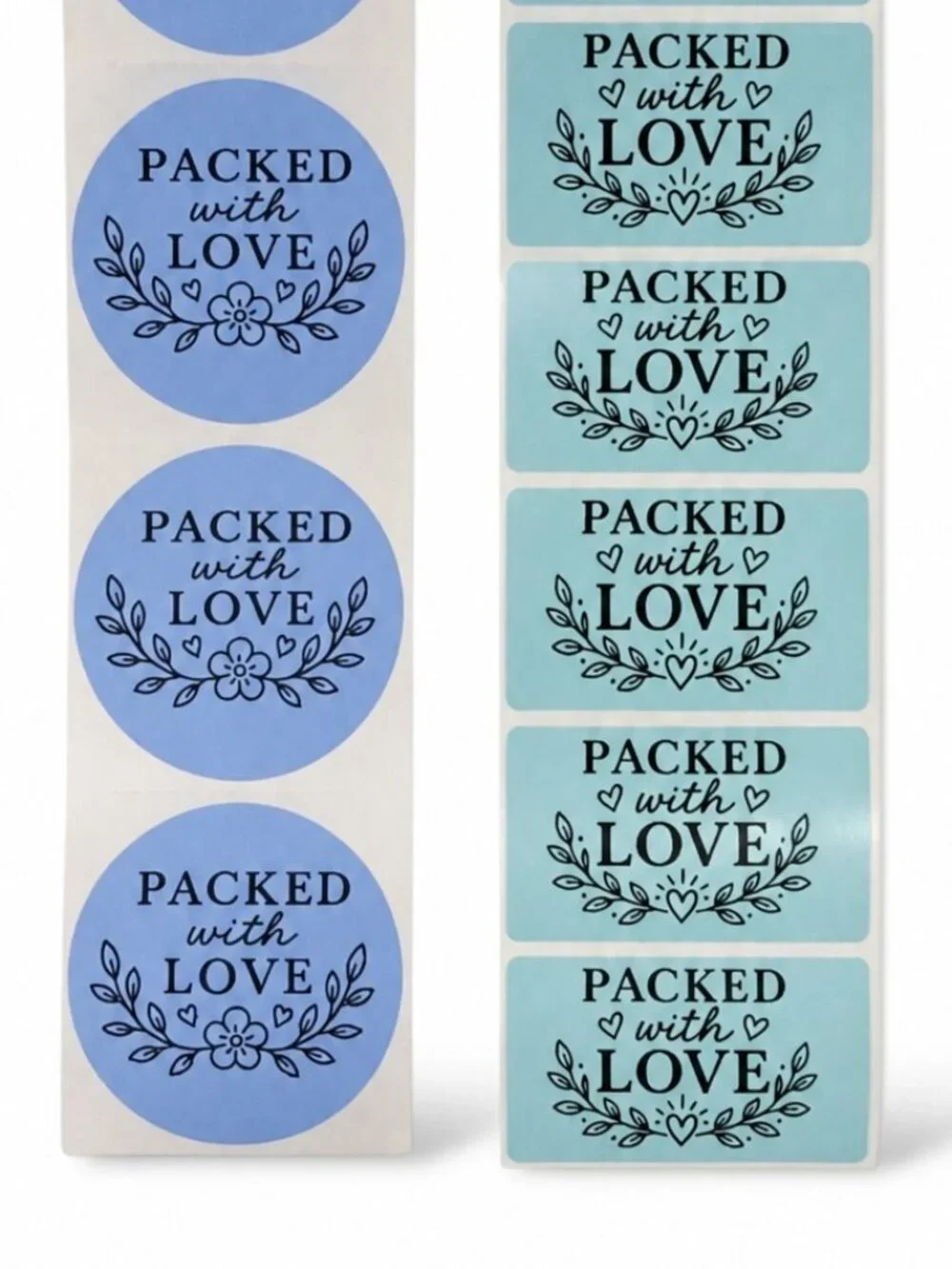 200 Blue Packed with Love Stickers, 100 Round and 100 Rectangle, Boutique Shop